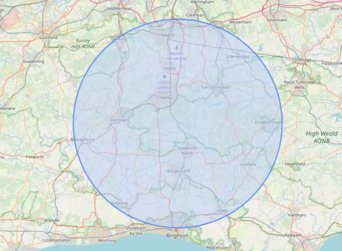 Balcombe Sawmill - 15 mile radius map image